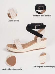 Zapatos de mujer tipo espardeña con correa de tobillo minimalista, zapatos de salón con cuña de tacón grueso, suela de yute y tobillera de faux fur negro para vacaciones