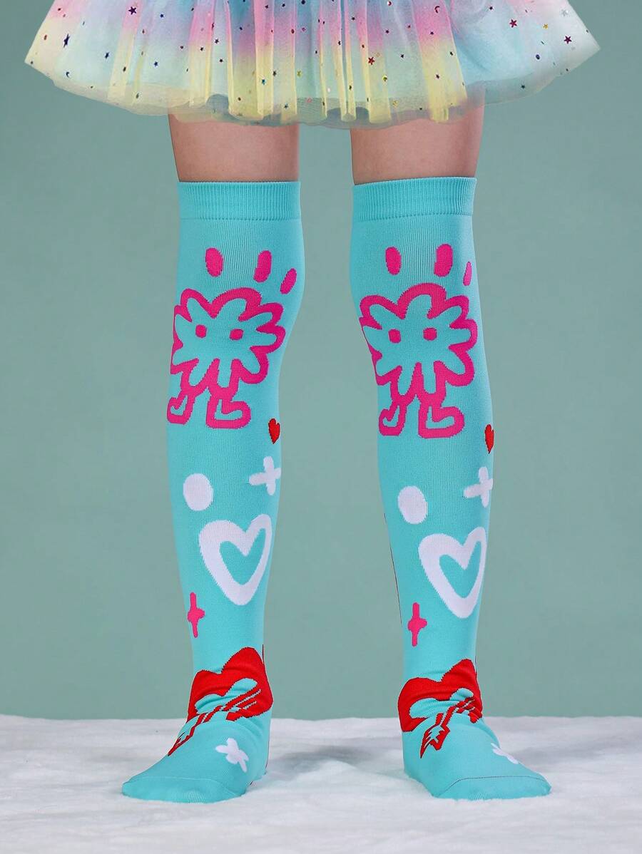 1 Pair Girls Over The Knee Socks, Blue, Green, Pink Tie-Dye Floral, Heart And Arrow Print, Cute Fashion Versatile Socks Suitable For Party, Holiday, Easter Gift, Casual, Sports, School Outfit - Multicolor - View 1