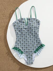 女士性感连体泳衣，随机印花深V领设计，夏季