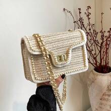 Women's Hand Woven Straw Woven Handbag, Lightweight Beach Summer Beach Vacation Shoulder Handbag, Pearl Edging, Fashionable And Simple Flip Top Crossbody Small Square Bag - Beige - View 1