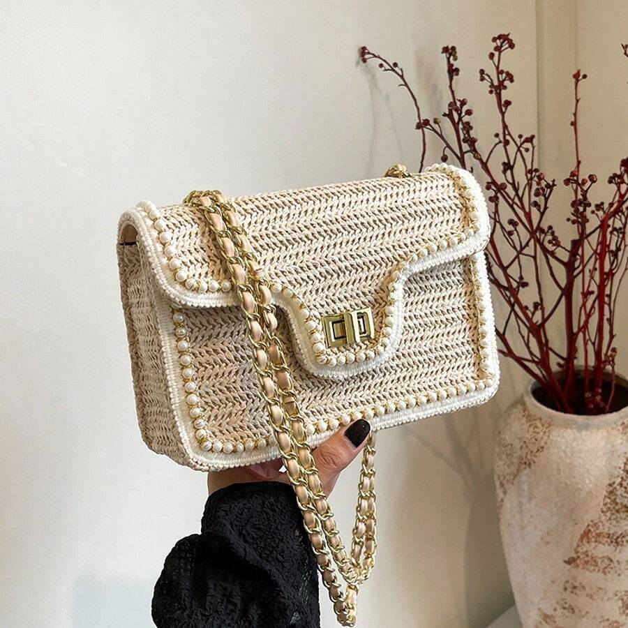 Women's Hand Woven Straw Woven Handbag, Lightweight Beach Summer Beach Vacation Shoulder Handbag, Pearl Edging, Fashionable And Simple Flip Top Crossbody Small Square Bag - Beige - View 1