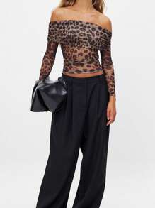 Womens Off Shoulder Mesh Tops Long Sleeve Leopard Print Slim Fit T-Shirts Ruched Blouses - Khaki - View 4