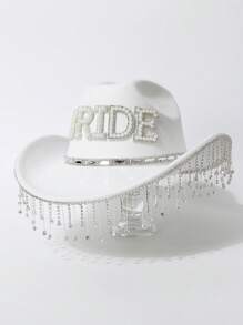 1pc Women's Fashion Solid Color Soft Felt Wide Brim Hat With Personalized Pearl Letter Patch Decor, Minimalist Silver Chain Belt & Crystal Pendant Trim, Versatile For Outdoor, Stage, Wedding - Multicolor - View 6