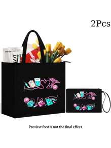 Customized Name NURES Element Tote Bag And Makeup Pouch Set, Women'S Linen Large Capacity Handbag, Shopping Bag, Portable Casual Storage