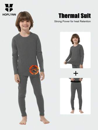 HOPLYNN 青少年男童春秋冬季保暖壓縮內衣雙面絨毛上衣褲套裝