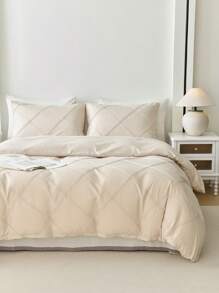 Set de lenjerie de pat 3 buc în carouri, pliat, bej (1 husă de pilota + 2 fețe de pernă, fără umplutură), romantic pentru nunți, stil american clasic de fermă, poliester confortabil și respirabil, potrivit pentru toate anotimpurile, decor dormitor