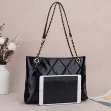 Un set de sac fourre-tout pour dames en polyester matelassé et brodé, doublure en PU noir unicolore. Style mature et luxueux, convient pour le shopping, les sorties et les cadeaux