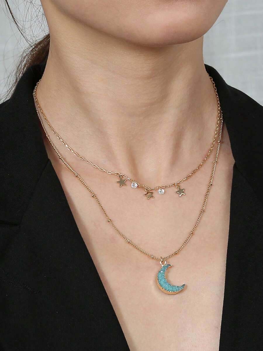 Nooxian 1pc Gold-Tone Chain Necklace With Star & Moon Pendant, Fashion Jewelry - Minimalist Personalized Delicate Blue Moon & Star Choker Necklace (Random Zirconia, Star, Pearl Quantity) (No Gift Box) - Yellow Gold - View 1