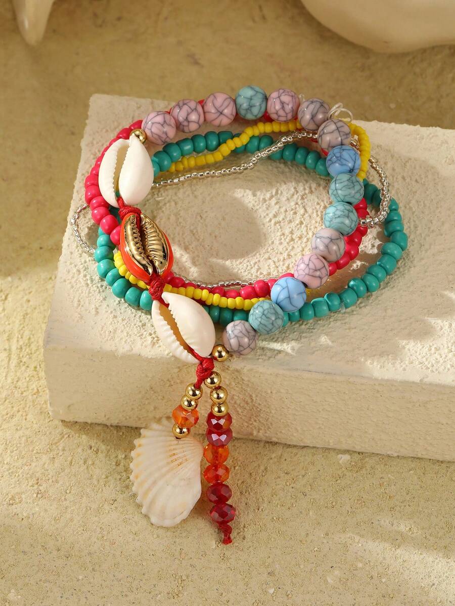 5pcs Set Women's Bohemian Style Beaded Shell Decor Bracelets