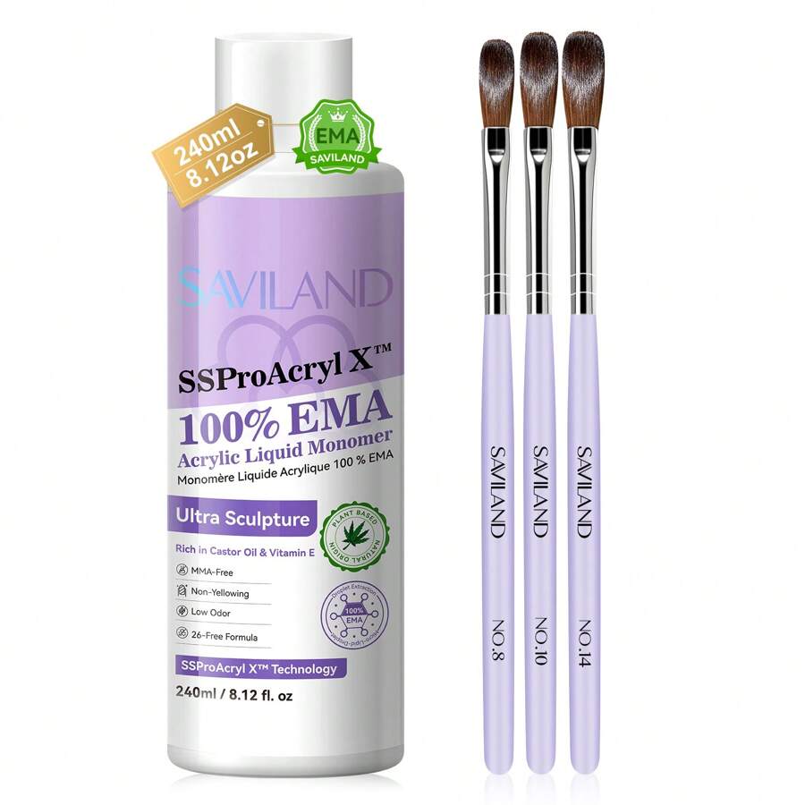 SAVILAND Pro Monomer Acrylic Nail Liquid Kit Ultra Sculpture: 240 Ml Large Capacity Pure EMA Nail Monomer Liquid Wtih 3Pcs Acrylic Nail Brushs For Nail Extension Nail Carving Non Yellowing Home - 紫色 - 查看 1