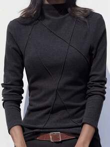 Thermal Lined High Neck Base Layer Top For Women, Contrasting Fishbone Pattern Insert Design, New Autumn/Winter Arrival - Black - View 2