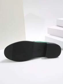 2024 年秋季新款绒面圆头珍珠低跟粗跟高跟鞋，绿色和黑色百搭平底乐福鞋，女士 - 綠色 - 查看 8