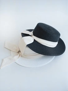 1pc Women's Wide Brim Flat Top Hat With Bowknot Decor, White Color Sun Hat Beach Hat - Hat - View 8