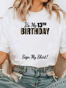 It's My 13th Birthday Party 13 Years Girl Teenager Sign My T-ShirtShort Sleeve Round Neck Casual Top For Summer & Spring, Women's Clothing