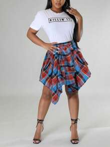 Plus Size Hip Hop Plaid Skirt 2025 - Women's Streetwear Tartan Skirt With Detachable Sleeves, Multi-Color Rap Style Skirt, High Waist A-Line Skirt With Belt (0X-5X) - 寶藍色 - 查看 6