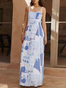 Women Summer Sleeveless Dress Casual Vintage Floral Print Tie Back A-Line Party Dress For Vacation Beach Streetwear - 藍色 - 查看 3