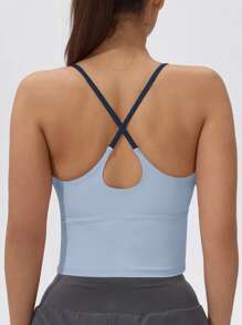 Women's Fixed Pads Colorblock Stretchy Yoga Sports Halter Top - 藍色 - 查看 2