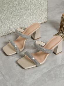 女士时尚舒适方头粗跟水钻系带凉鞋，适合正式场合