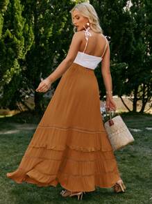 Simplee 休闲度假西部风女式宽松流苏荷叶边裙 - 土橘色 - 查看 2