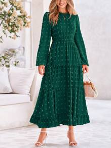 Women's Fall And Spring Elegant Long Sleeve Long Dress Swiss Polka Dot A Elegant Casual Holiday Wedding Party Going Out Dress - 深綠色 - 查看 1