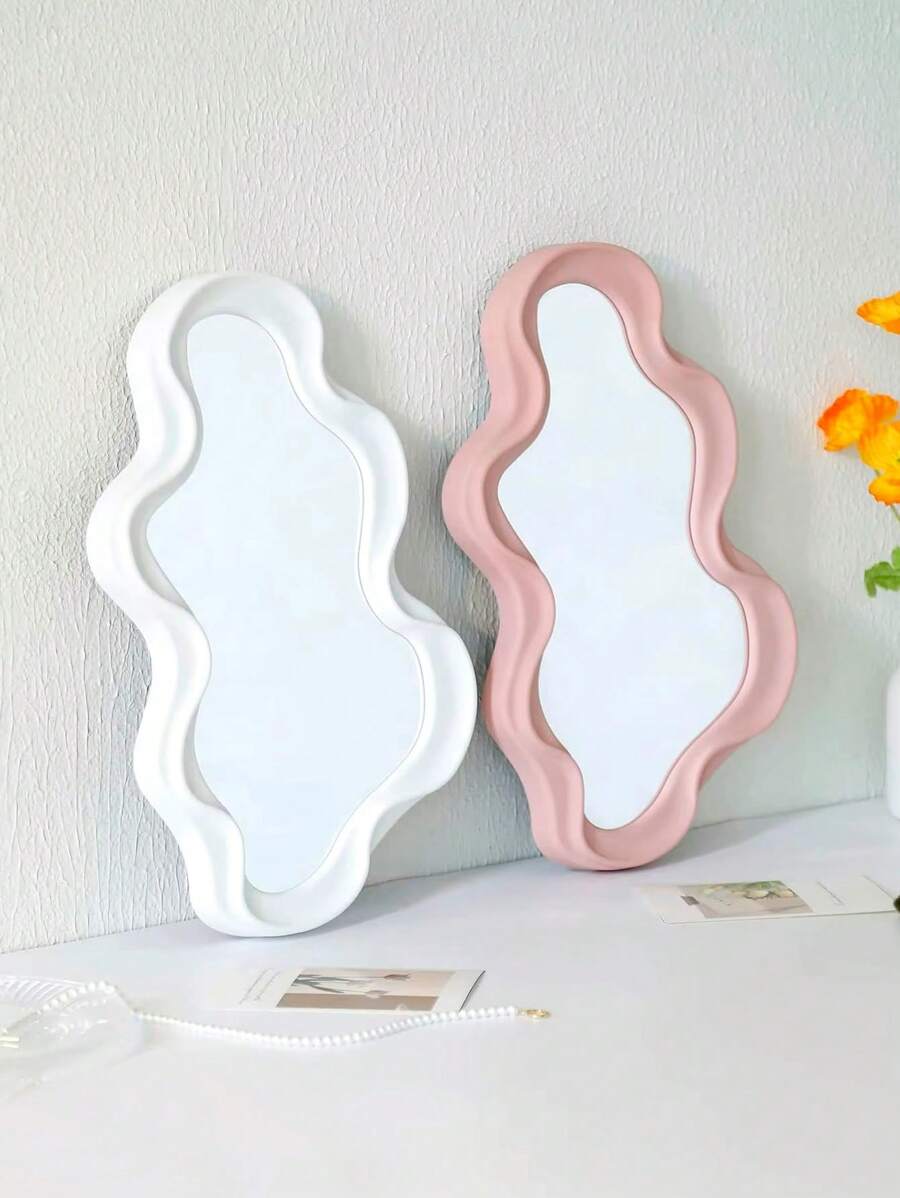 1 件不对称壁挂镜，创意独特装饰镜，时髦波浪镜 16.14"X9.84" 不对称边框白色镜子适用于浴室客厅装饰化妆品收纳盒 - 彩色 - 查看 1