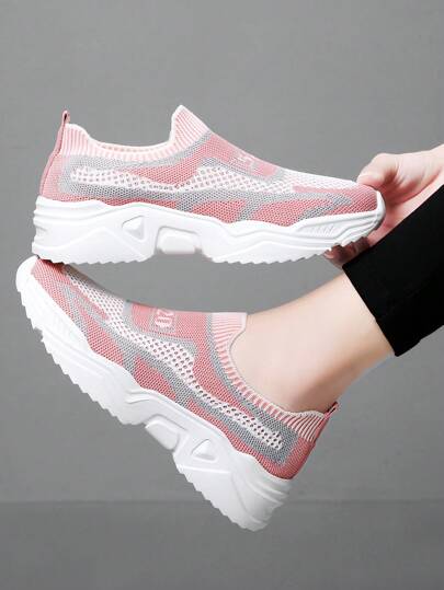 Spring/Summer Outdoor Low-Top Pink & White Knitted Breathable Non-Slip Casual Sports Shoes, Lightweight And Fashionable Slip-On Sock Sneakers For Women