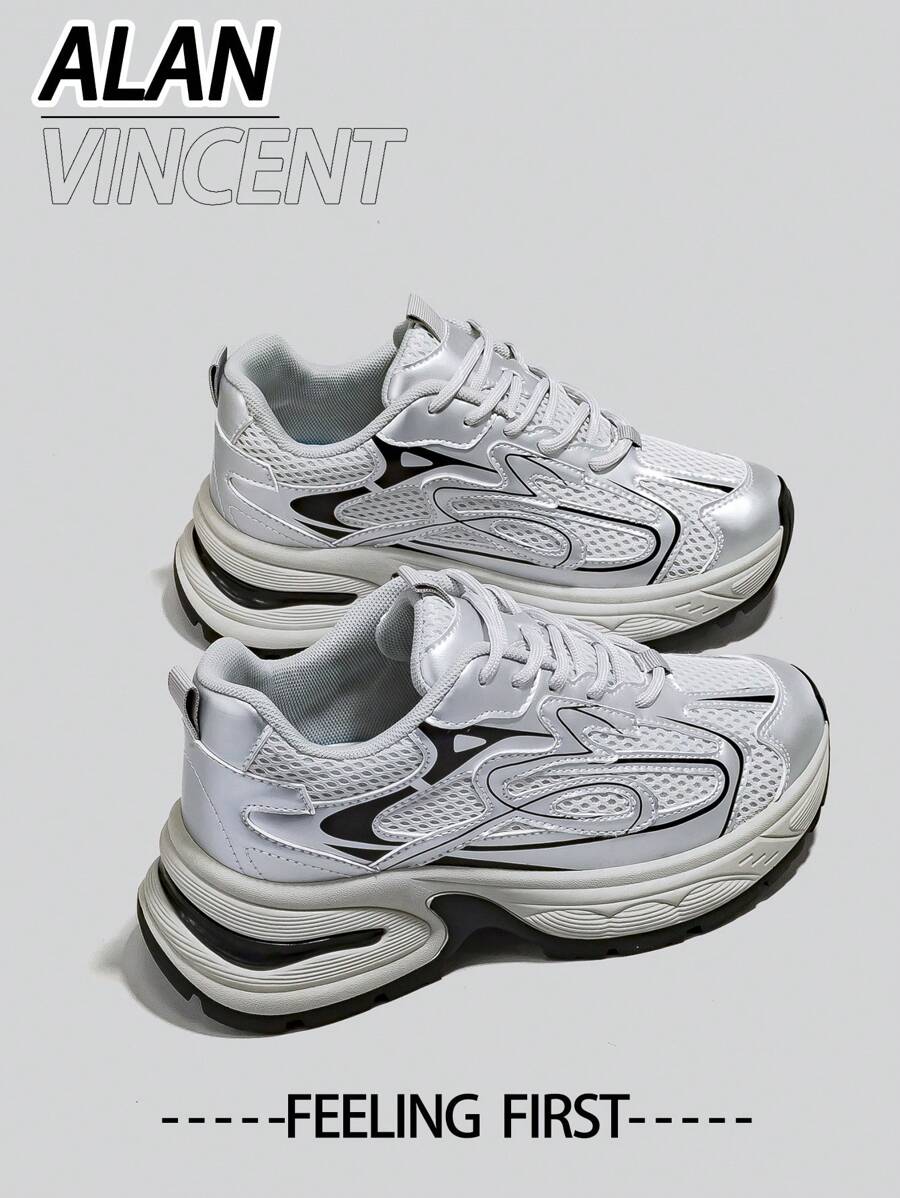 Alan Vincent 2025新款女士银色运动鞋，厚底运动鞋，舒适时尚跑步鞋，休闲运动鞋，女士户外鞋，透气网面鞋面