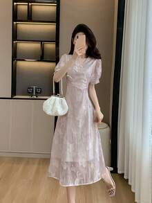 RUIWY 女士V领雪纺精美刺绣收腰中长连衣裙，复古中国风，适合春夏季 - 淡紫色 - 查看 8