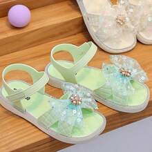 Layered Bowknot Design Pearl Decor Flat Sandals, Fairy Style Outdoor Slippers Suitable For Summer - Green - View 3