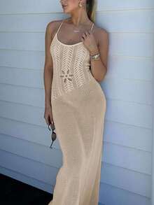 Women's Solid Color Minimalist Daily Wear Halter Neck Tie-Up Knitted Sweater Dress