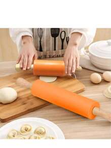 1pc Silicone Rolling Pin With Wooden Handle, Non-Stick Dough Roller