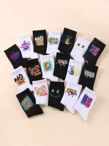 10pairs Random Black-And-White Teenagers Boy's Street Style Casual Sporty Graffiti Mid-Calf Socks - Multicolor - View 2