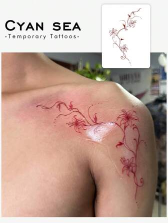 1pc East Asian Art Style Red Flower Temporary Tattoo Sticker, Waterproof, Sweatproof, Disposable Use, Arm/Back Adhesive, Suitable For Fashionable People's Daily Use