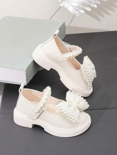 1 Pair Fashion Cute Bowknot & Faux Pearl Decor Hook-And-Loop Non-Slip Outdoor Daily Wear Shoes For Girls, Suitable For Spring & Autumn, School, Party