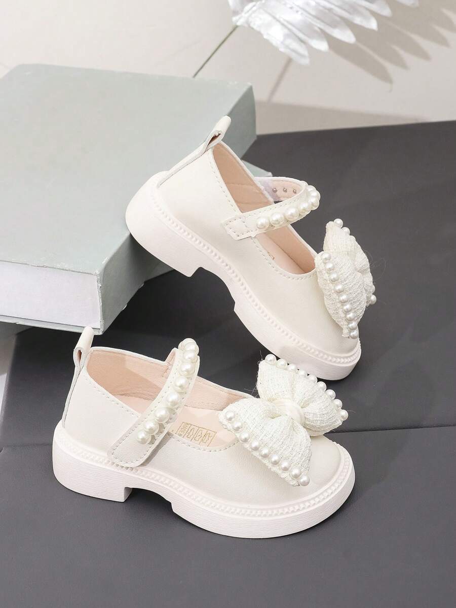 1 Pair Fashion Cute Bowknot & Faux Pearl Decor Hook-And-Loop Non-Slip Outdoor Daily Wear Shoes For Girls, Suitable For Spring & Autumn, School, Party - Beige - View 1