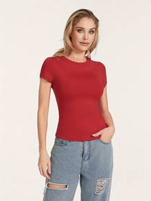 Women's Summer Casual Tops Short Sleeve Crewneck Solid Color Slim Fit Baby T-Shirt - 紅色 - 查看 7