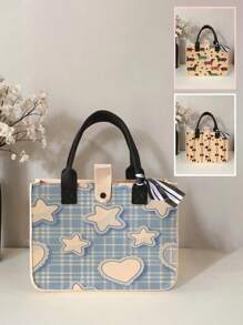 1pc Blue Star Pattern Printed Tote Bag, Large Capacity, Adjustable Shoulder Strap, , Suitable For Daily Use, Work And Travel, Portable Handbag, Great Back To School Gift For Boys And Girls - Multicolor - View 1