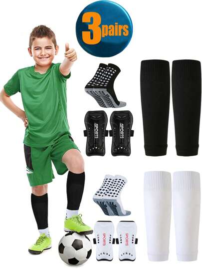 Set de 3 pares de espinilleras y calcetines de fútbol para niños de 8 a 12 años, equipo de protección ligero para fútbol, para niños y niñas de 8 a 12 años, con almohadilla de EVA para reducir impactos y lesiones