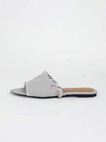 Women's Flat Pointed Toe Slippers With Fringe Design, Suitable For Outdoor Casual Wear,Beach Shoes,Summer Shoes - Grey - View 5