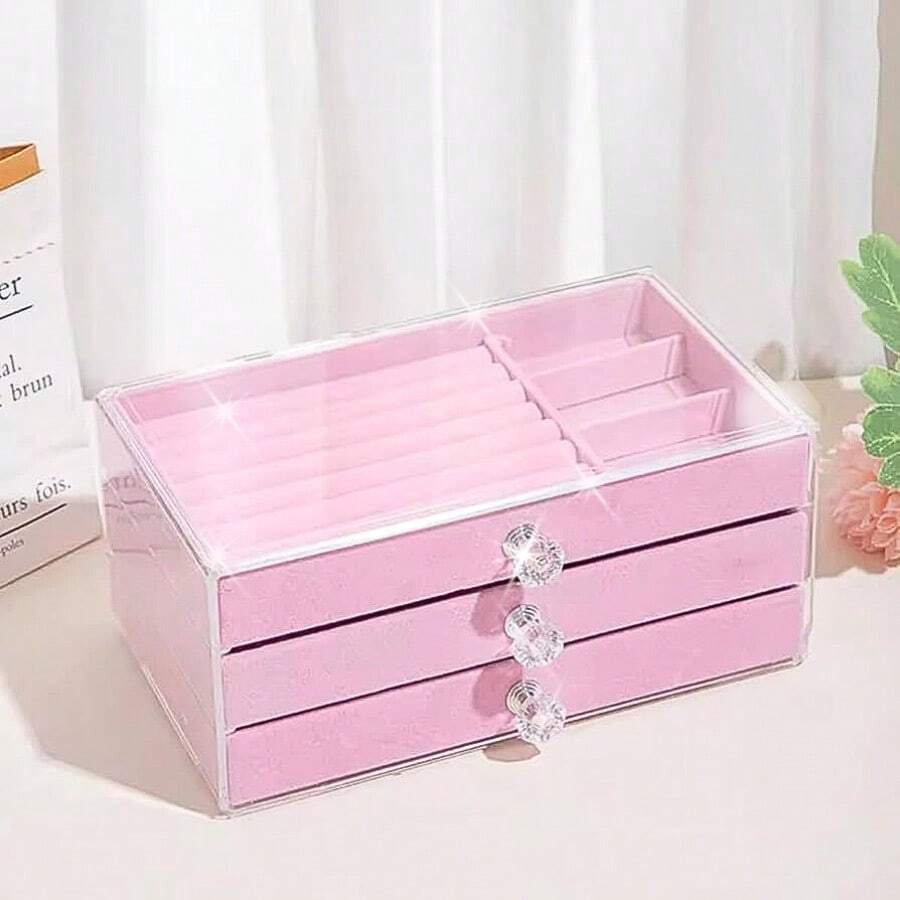 Luxury Acrylic Jewelry Box 3 Layers Earring Ring Compartment Jewelry Storage Box - 淺粉色 - 查看 1