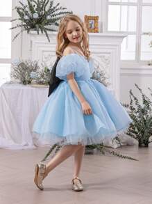 Young Girls Elegant Bowknot Strap Dress, Delicate Princess Dress Suitable For Flower Girl, Wedding, Party, Birthday, Prom And Other Formal Occasions - Blue - View 8