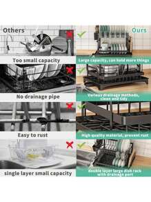 1 Set 2-Tier Stainless Steel Dish Drying Rack With Drainage Tray, Adjustable Dish Drainer For Kitchen Counter, Rotatable Drainage System - Multicolor - View 6