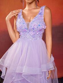 Vestido maxi elegante de unicolor con dobladillo de malla de contraste decorado para mujeres - Morado - Ver 7