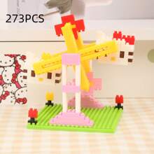 Juguete de bloques de construcción del Carrusel de Ferris Wheel Seesaw de Melody Kulomi Hello Kitty, modelo de juego deluxe para niños, adecuado para niños y niñas en juegos de rompecabezas DIY, juegos de anime, amantes de los bloques de construcción, decoración de escritorio, útiles escolares, también adecuado como regalo de Navidad y cumpleaños. Juguetes de personajes de anime para niños y niñas.