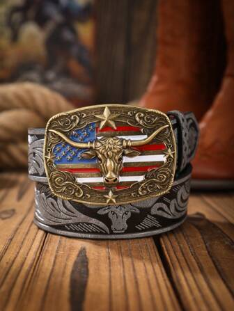 1pc Men's Western Cowboy Longhorn Buckle Vintage Dark Brown PU Leather Belt, Suitable For All Seasons Summer, School Casual, Business, Boyfriend Husband Father Dad Men Gift, Daily Wear, Fashion, Teen, Outdoor, Vacation, Athletic, Travel, Street, Boho, Vintage Fall, Autumn, Halloween Autumn-Winter Accessories,Suitable For Teens, Youth,Men,Casual, Outdoor, Athletic, Vacation, Graduation Gifts, Birthday, Daily Wear