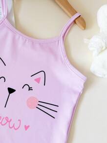 女童两件套可爱猫咪印花粉色背心上衣中腰短裤套装适合春夏秋季 - 粉色 - 查看 3