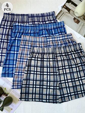4 pezzi/confezione Boxer uomo taglie forti, in vita elastica, con stampa a quadri, vestibilità morbida, biancheria intima casual