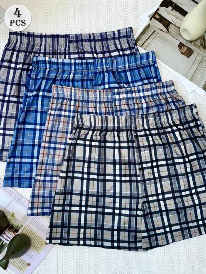 4pcs/Pack Men's Plus Size Breathable Elastic Waist Plaid Print Boxer Shorts, Loose Fit Casual Underwear