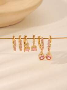 6pcs/Set European & American Fashion Cubic Zirconia Rhinestone Water Drop Geometric Pattern Earrings Set, Exquisite Charming Jewelry, Fashionable Birthday Gift, Suitable For Women's Daily, Festival, Party, Ball, Date Wear - Baby Pink - View 3