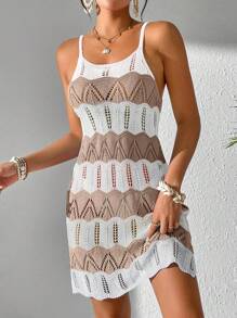 Women's Summer Bohemian Beach Vacation Dress, Colorblock Hollow-Out Knit Camisole Dress - Multicolor - View 4